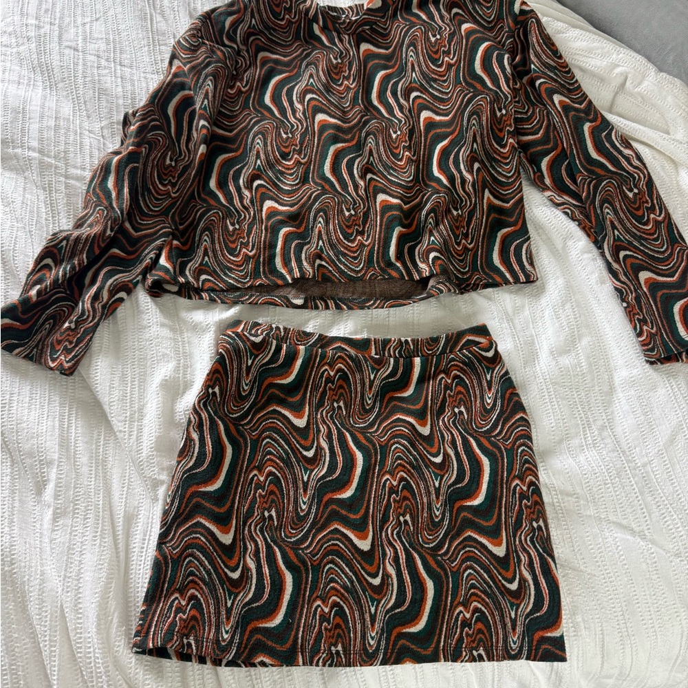 Zara Brown and Green Patterned Skirt Set